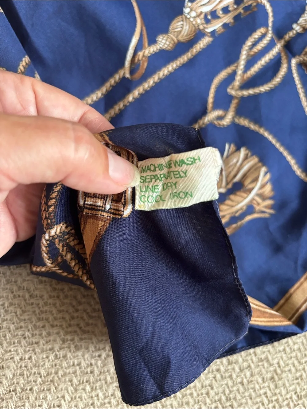 1970’s Equestrian Print Scarf in Navy and Tan made in Italy 26” square